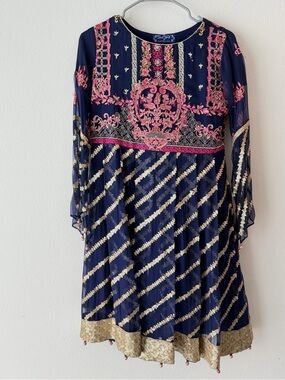 Blue and Pink Sajni Fashion Embroidered 3-Piece Suit (Small)